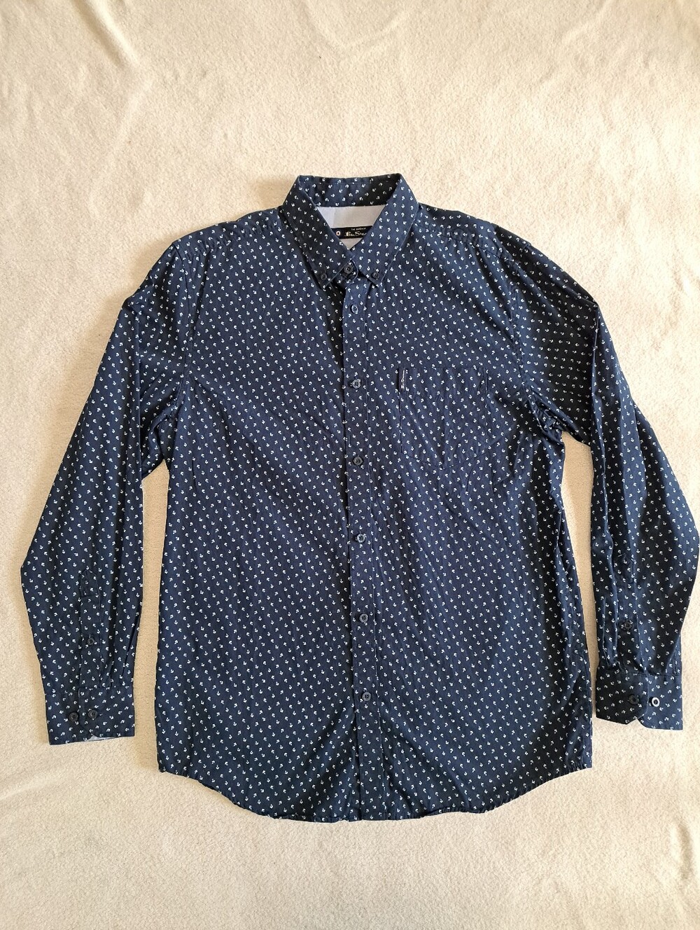 Ben Sherman Mens Dress Shirt Size Large Patterned Navy Blue Cotton Button Down